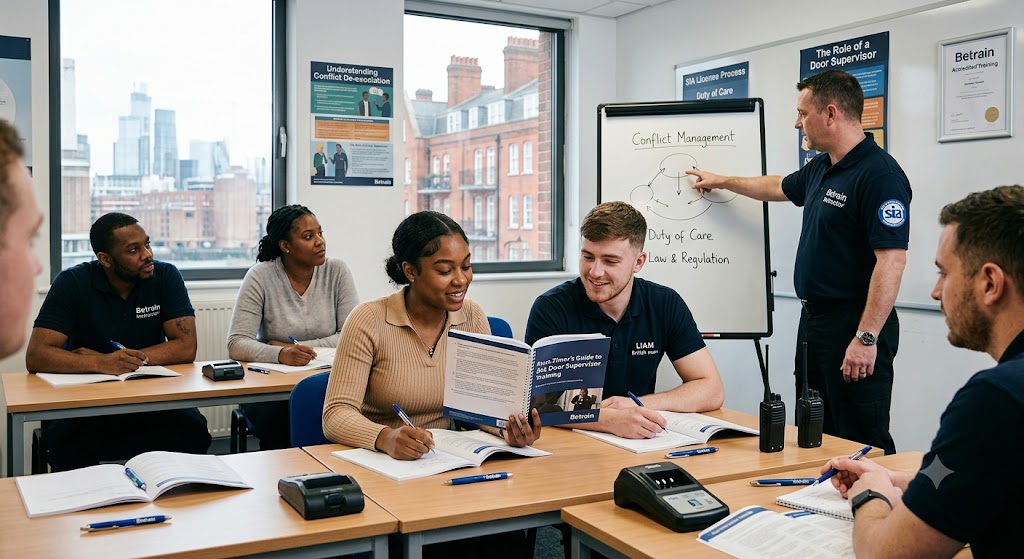 Inside the classroom at Betrain: Our fully accredited SIA door supervisor course in London combines crucial legal theory with hands-on scenario training to prepare you for the workforce.